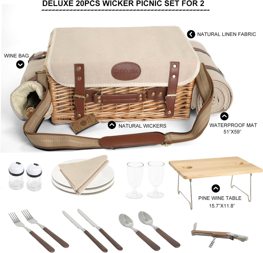 Multifunctional Wicker Picnic Basket Set for 2 with Blanket and Picnic Table,...