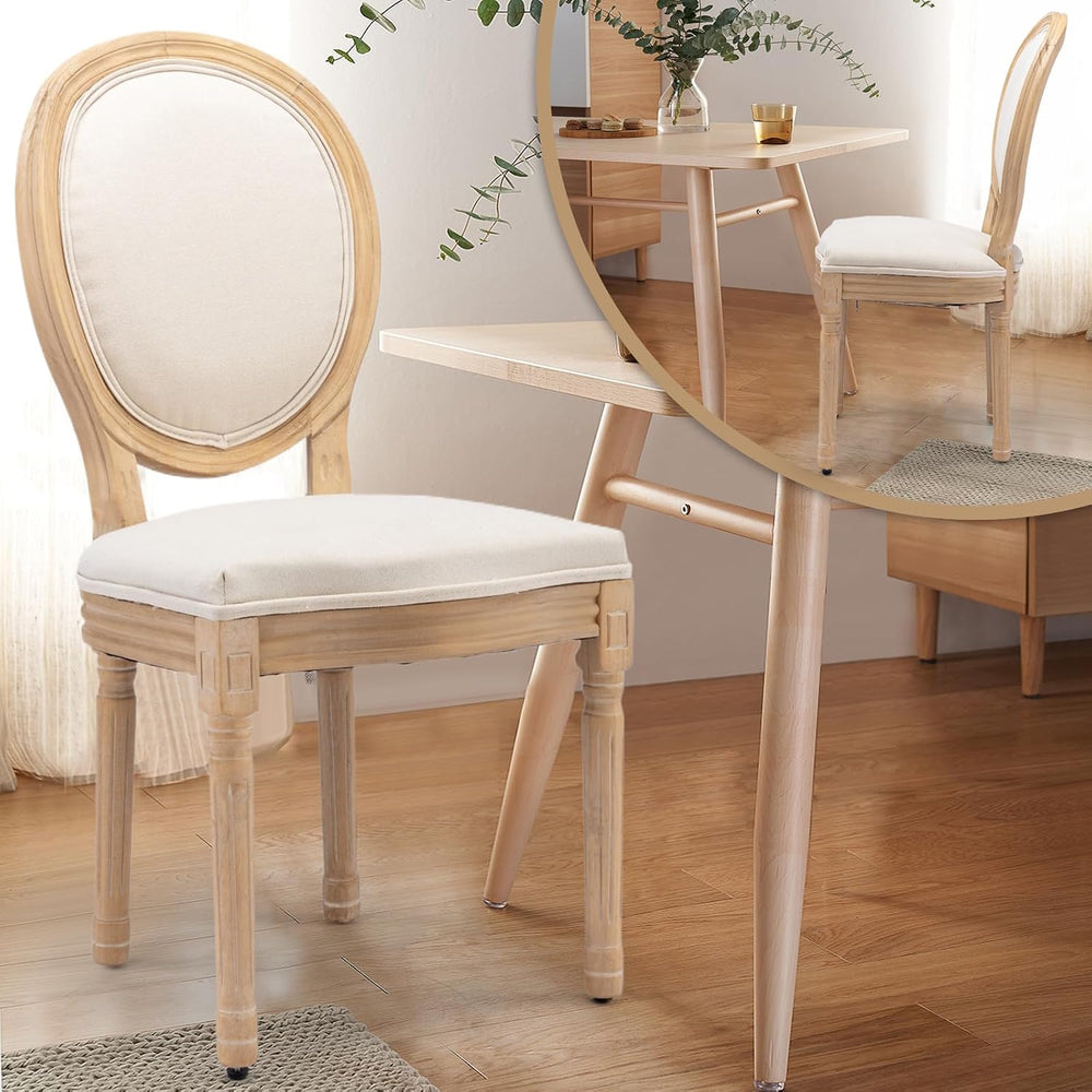 French Country Dining Chairs, Beige Linen, Set of 4