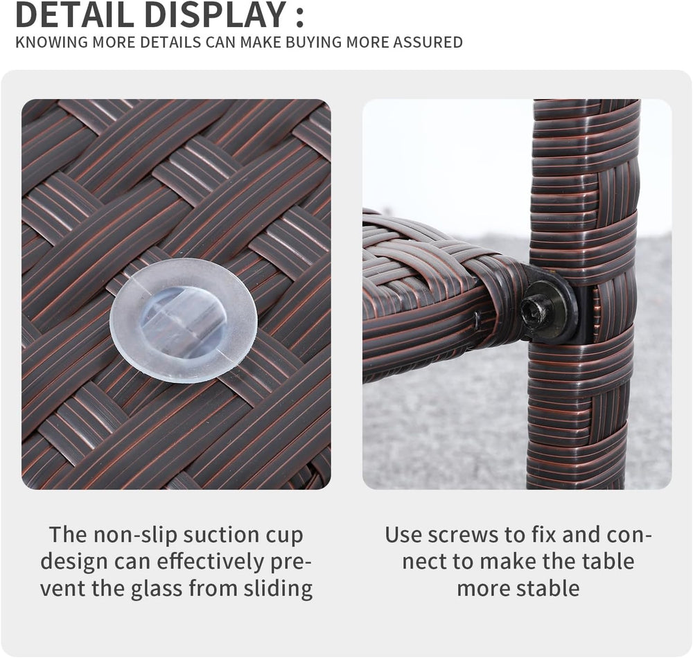 Outdoor Wicker Glass Top Side Table - Patio Balcony Deck Pool Square End Tabl...