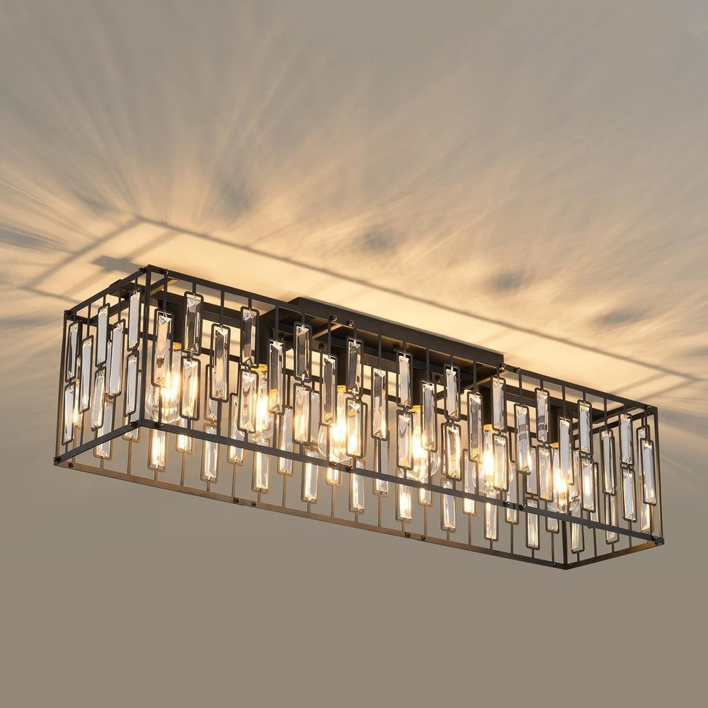 Garwarm 38.7 Inch Crystal Chandelier, 6-Light Black Rectangle Ceiling Light