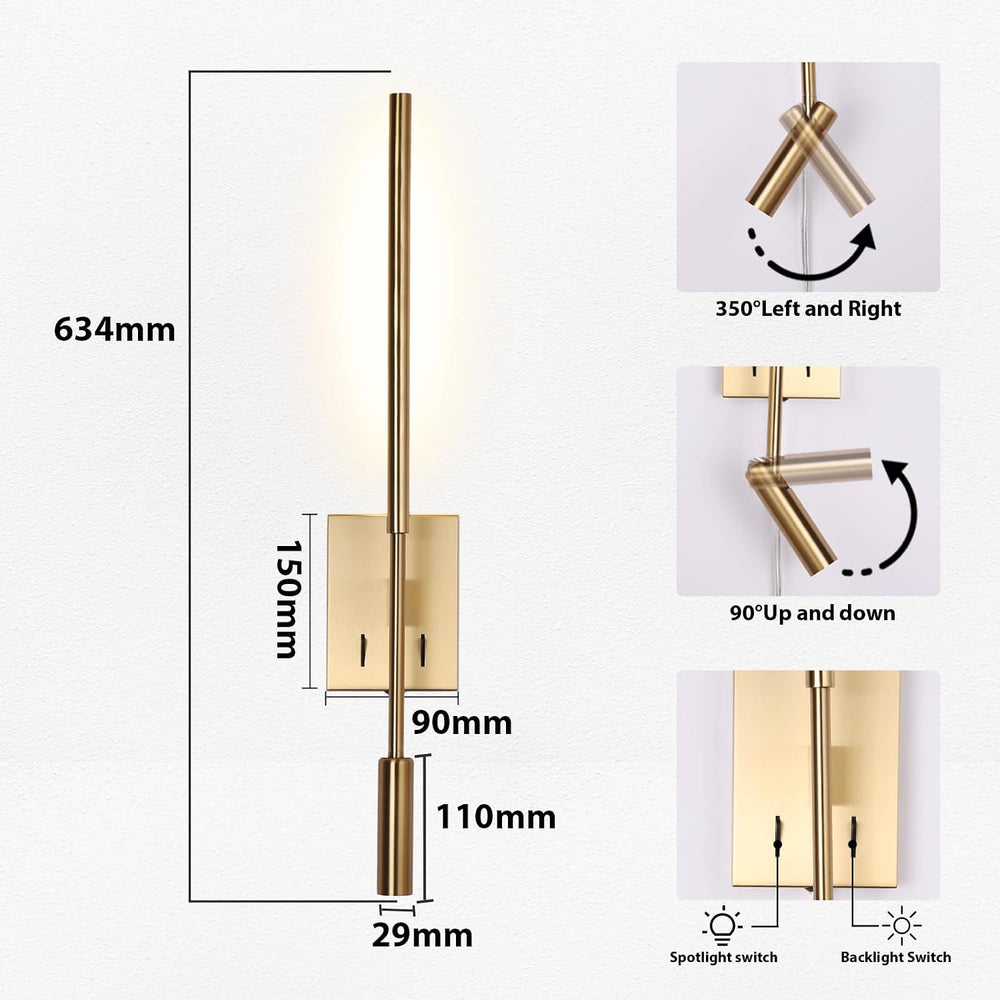 Modern Plug in Wall Sconce Indoor Ambient Lighting for Bedroom, Gold LED Wall...