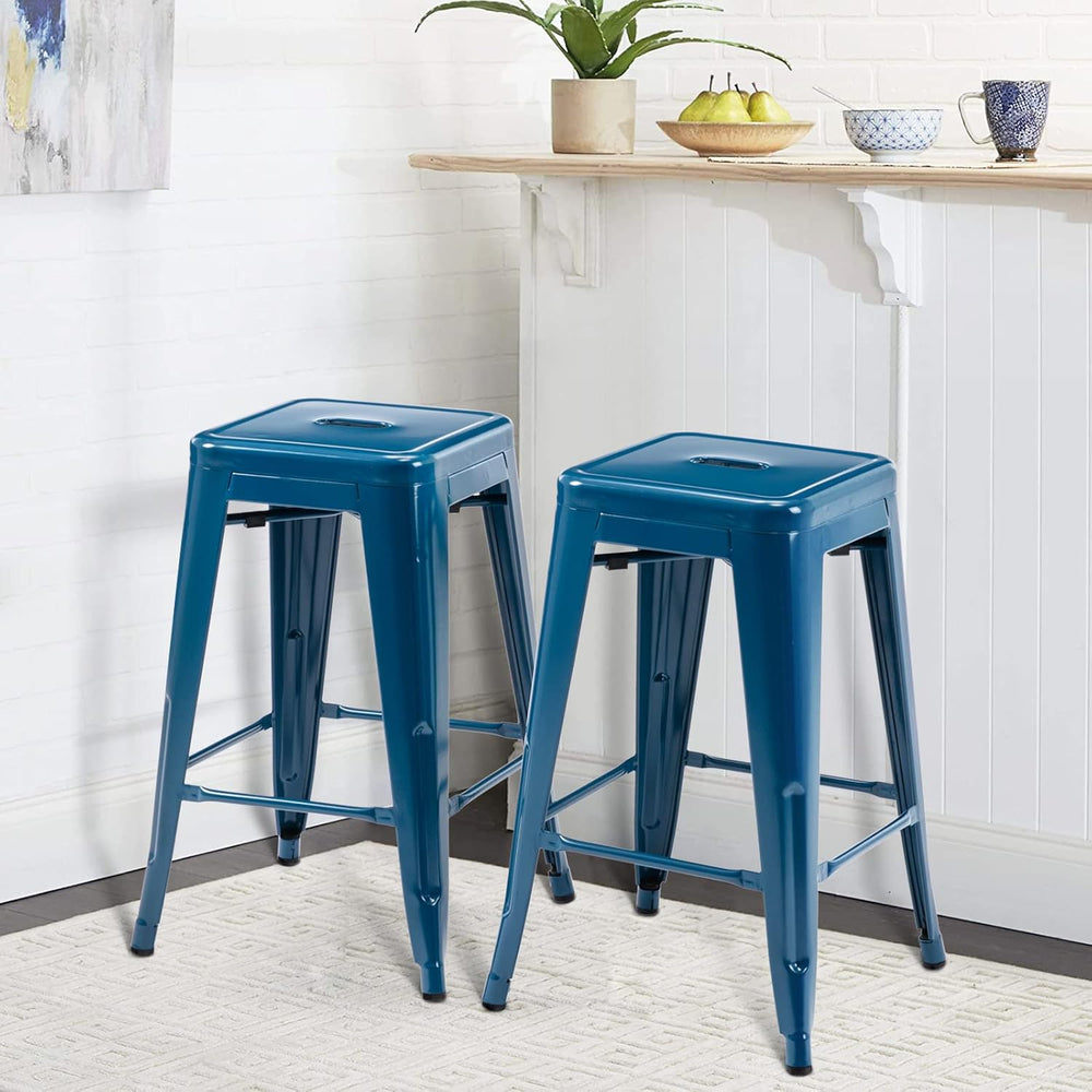 24 Inch Metal Bar Stools Set of 2, Stackable for Indoor Outdoor, Deep Blue