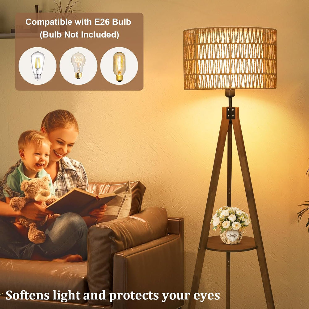 LAMSU Boho Tripod Floor Lamps for Living Room, Rattan Wood Floor Lamp with Fa...