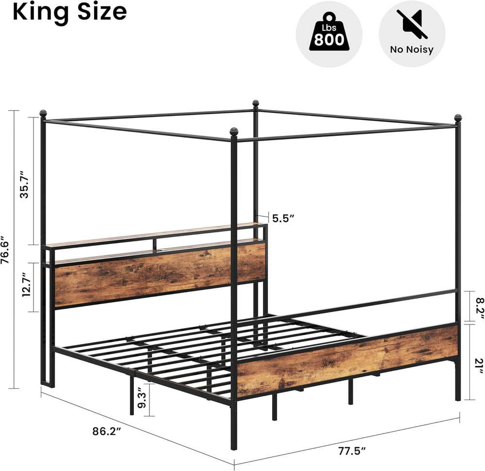 LIKIMIO Canopy Bed Frame King with Storage Headboard & Charging Station, ...