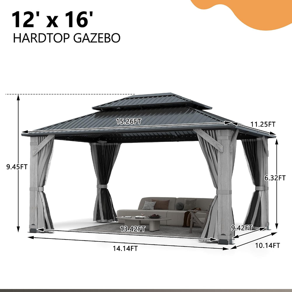 12'x16' Hardtop Wood Gazebo, Outdoor Double Roof Galvanized Steel Top...