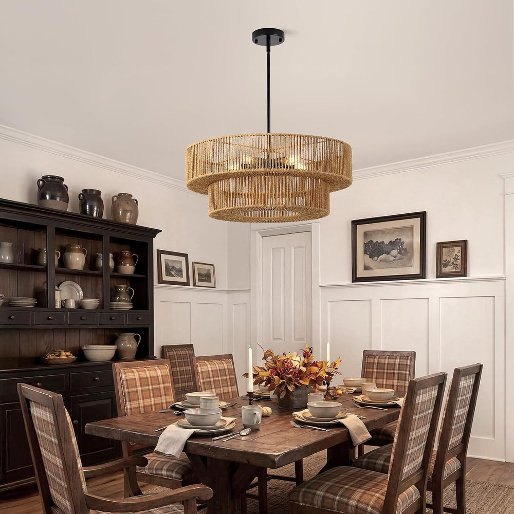 22" Large Boho Rattan Chandelier, Hand Woven Wicker Pendant Light