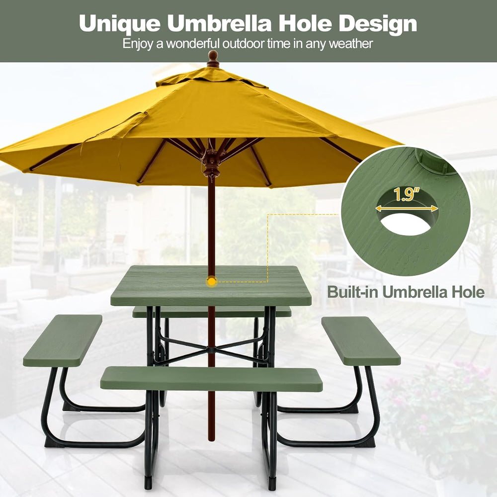Tangkula 8 Person Picnic Table, Outdoor Square Picnic Table with 4 Built-in B...