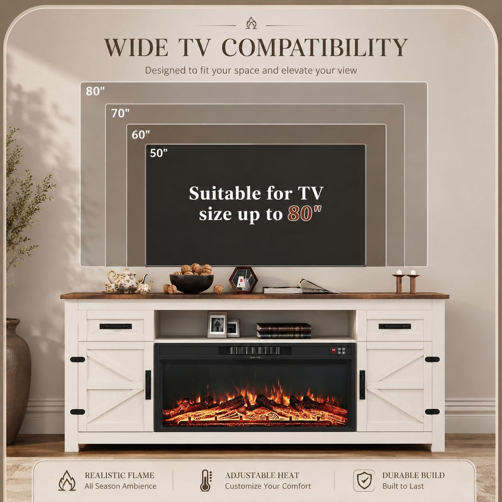 Fireplace TV Stand with Barn Door, 70 inch, White