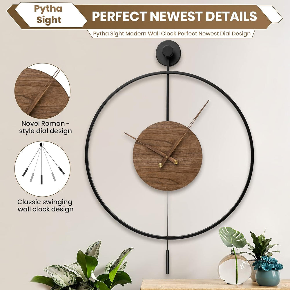 Pytha Sight 30.7×20 Inch Large Modern Decorative Walnut Pendulum Wall Clock