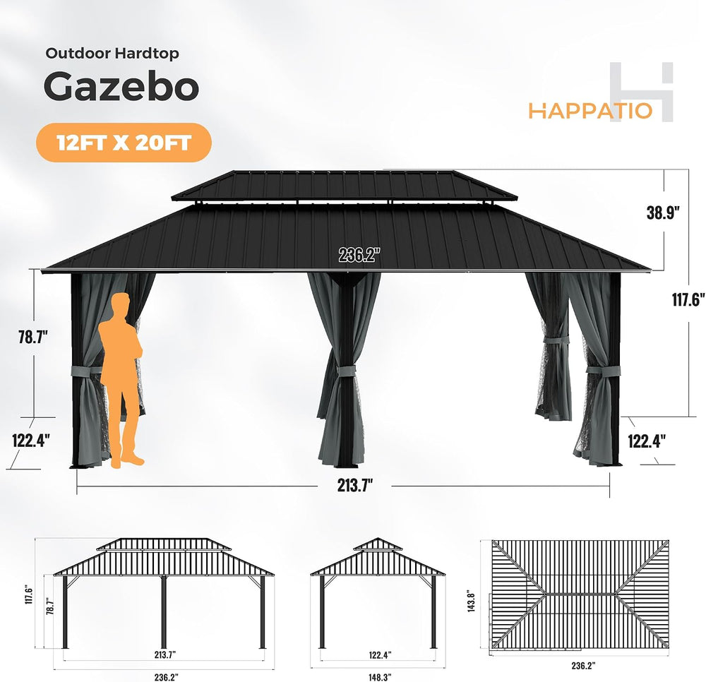 HAPPATIO 12' x 20' Outdoor Hardtop Gazebo, Aluminum Gazebo with Doubl...