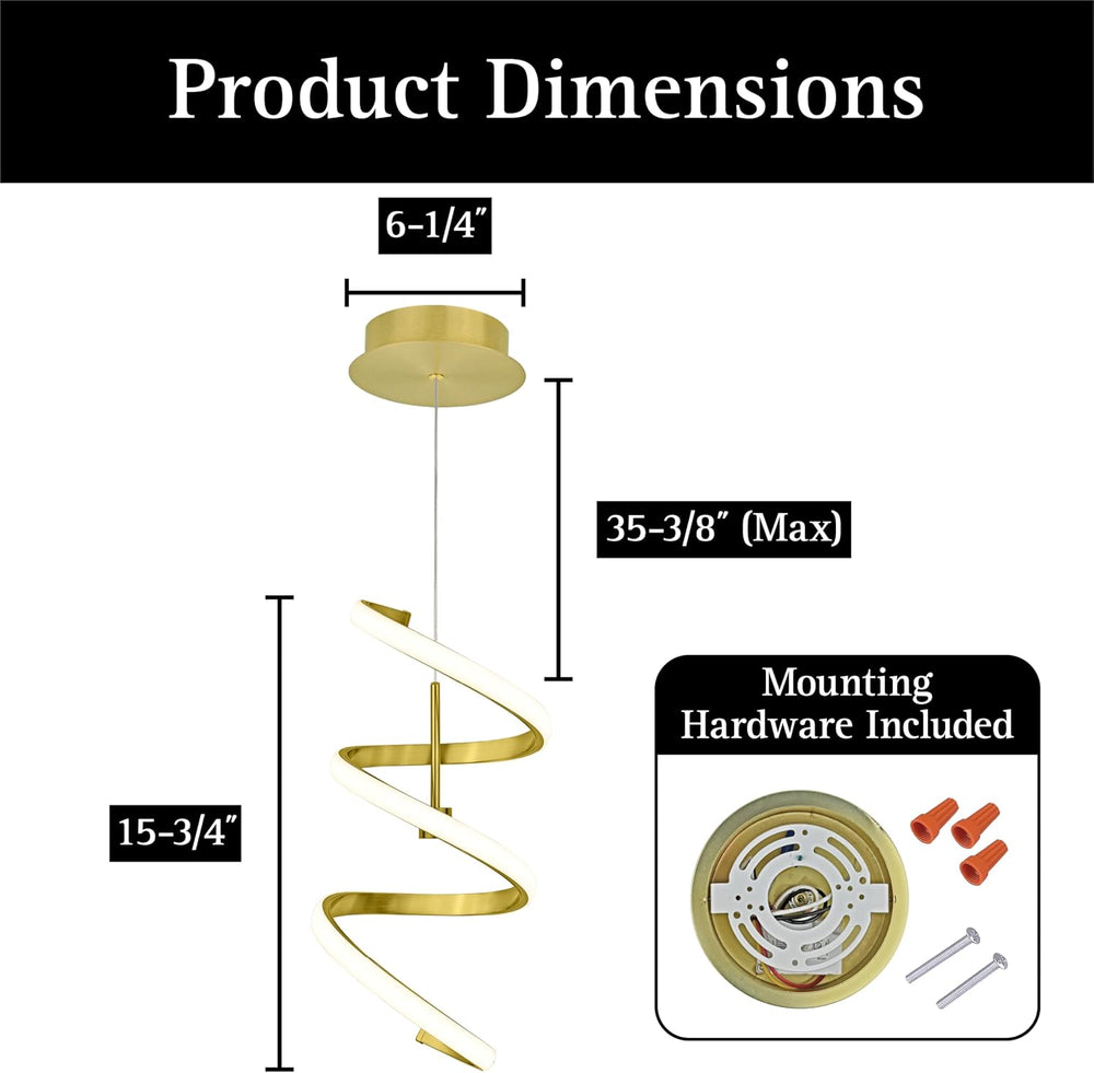 Ultralux Helix LED Pendant Light Brushed Gold Spiral, Dimmable 950 Lumens 300...