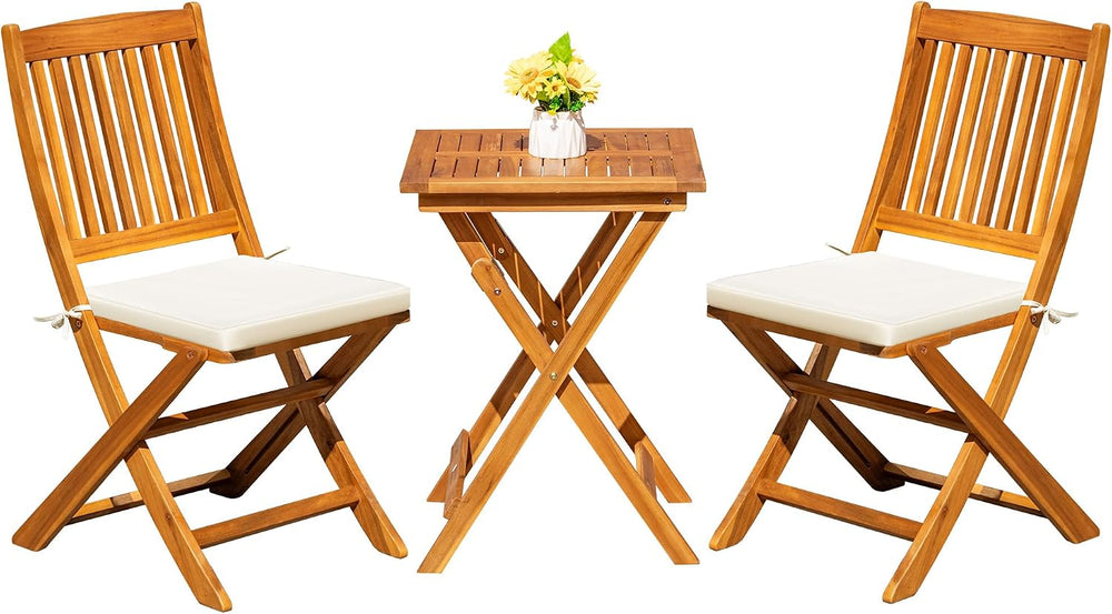 Greesum 3 Piece Patio Folding Furniture Bistro Set with 2 Cushions for Pool B...