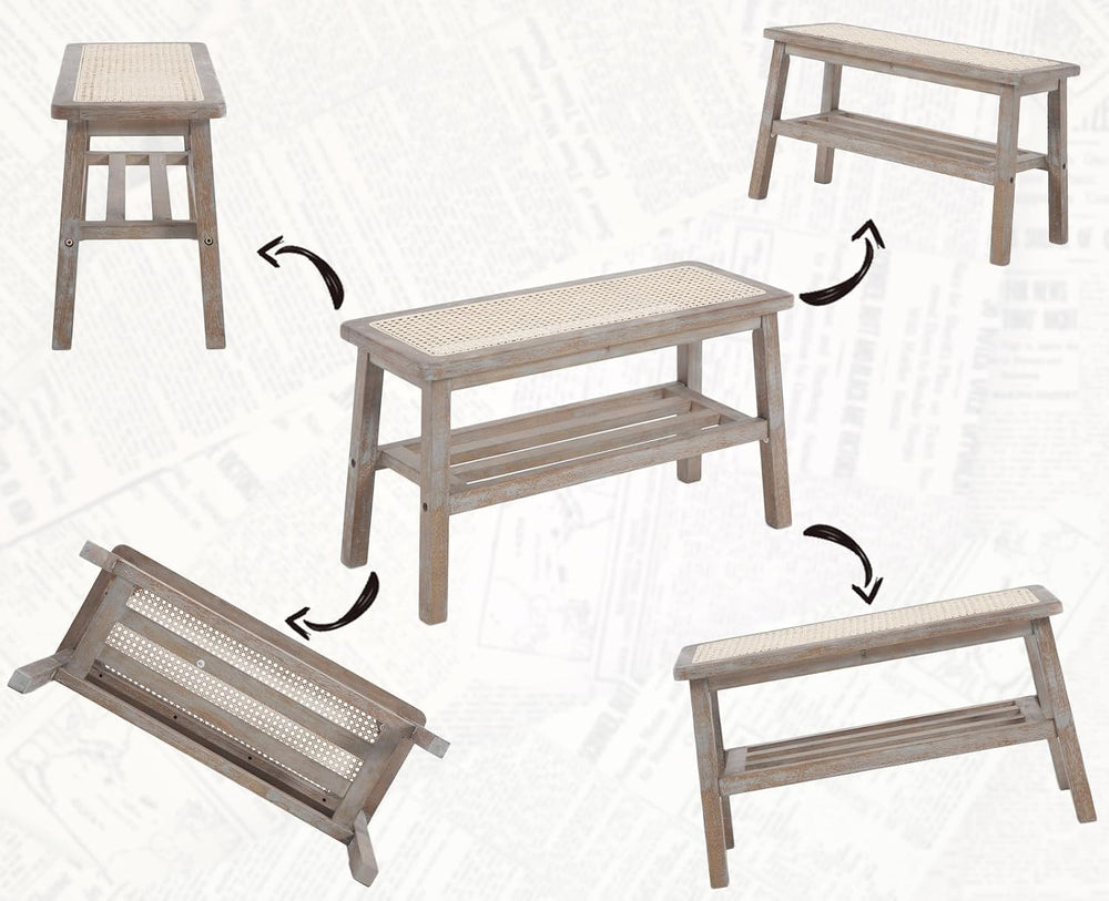 Shunzhi Rattan Entryway Bench with Shoe Rack Natural Wood Storage Bench Indoo...