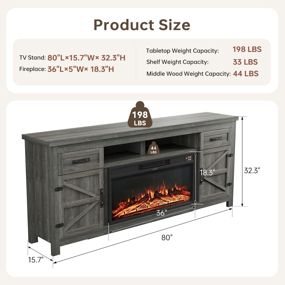 Fireplace TV Stand with Barn Door, 80 inch, Grey