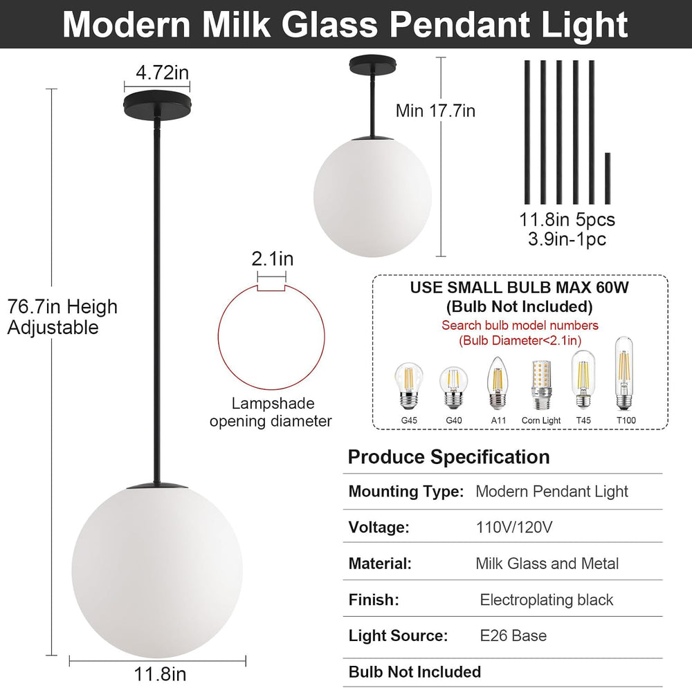 11.8in Milk Glass Pendant Light, Large Mid Century Modern Pendant Lights Kitc...