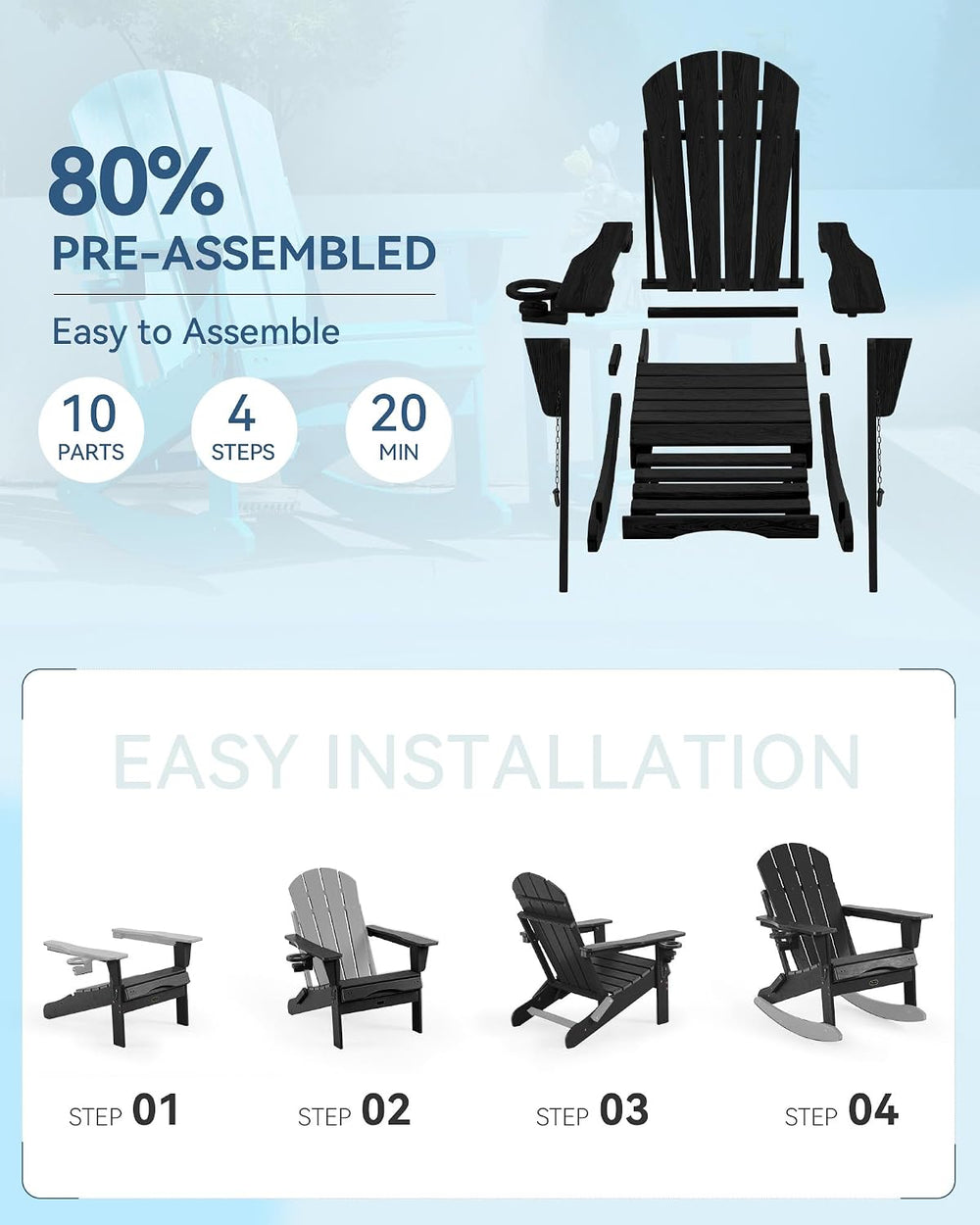 Adirondack Rocking Chair Set of 2 with Retractable Ottoman and Cup Holders, H...