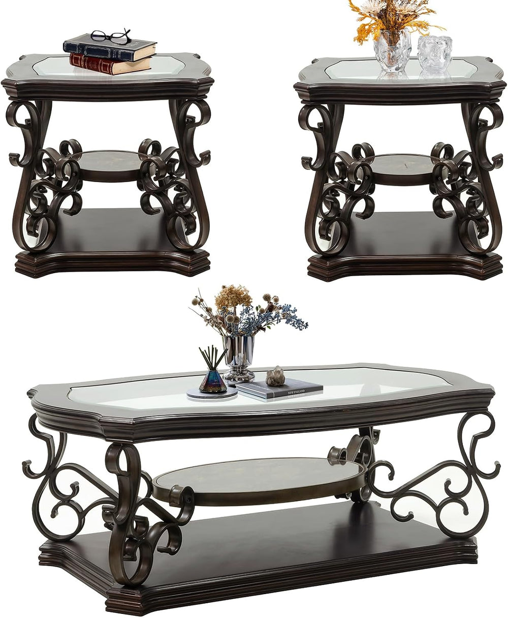 3 Piece Retro Coffee Table Set, Mid Century Modern Living Room Table Set, Tra...