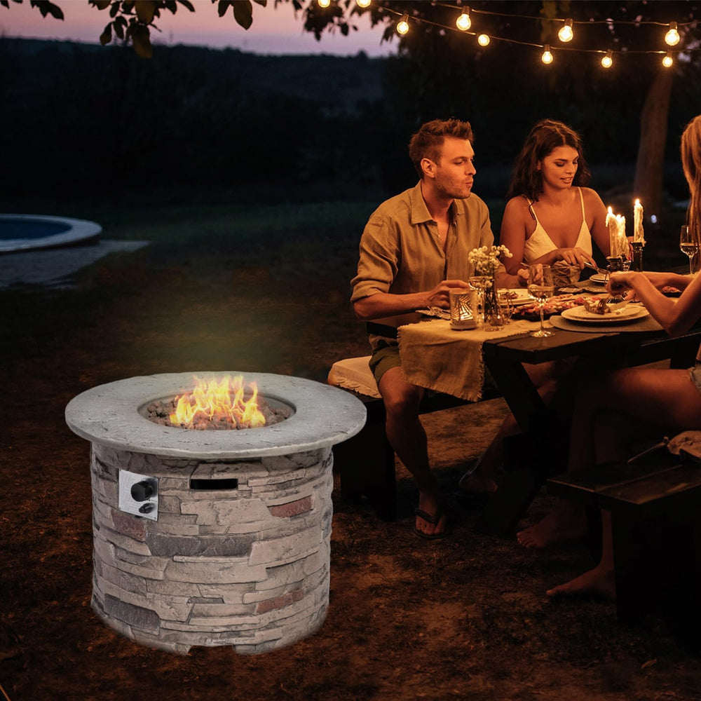 SUNBURY Outdoor Fire Pit Propane Round Fire Pit Table Fire Column, Stonecrest...
