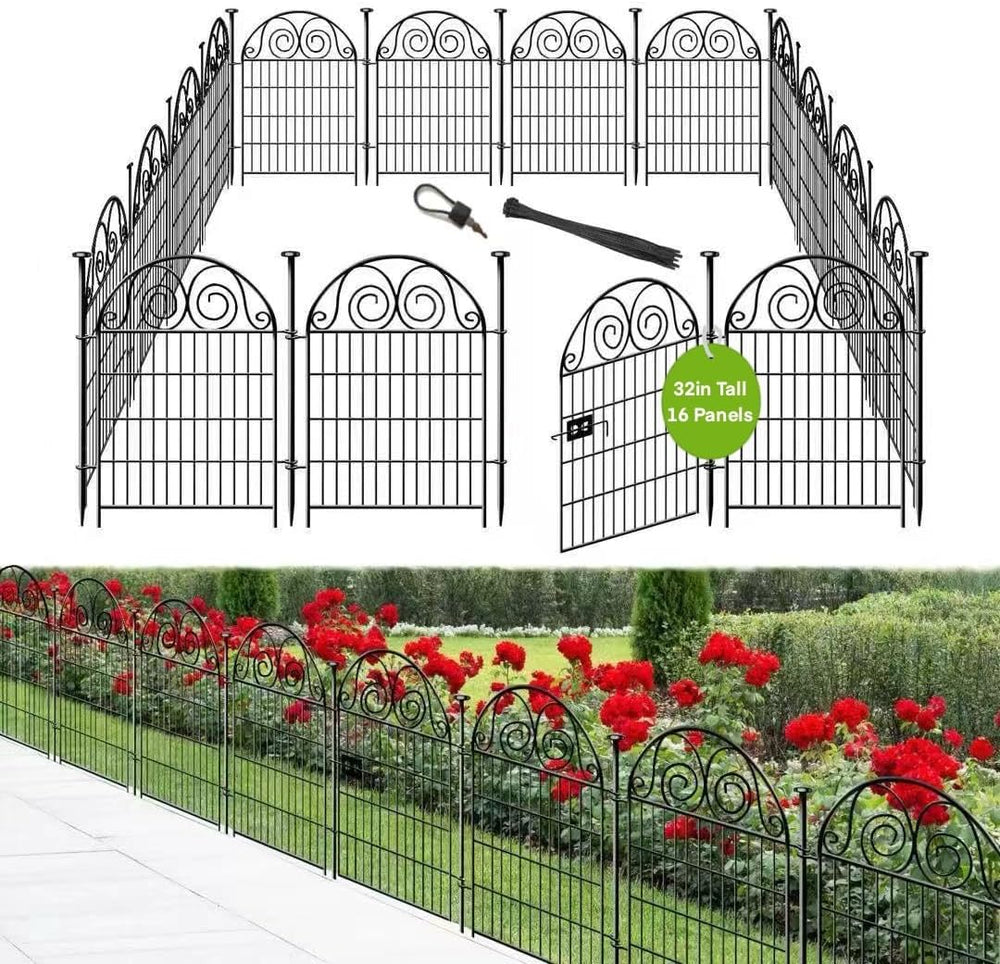 Getlay Tall Garden Fence Animal Barrier with Gate, 32 in(H) 16 Panels Garden ...