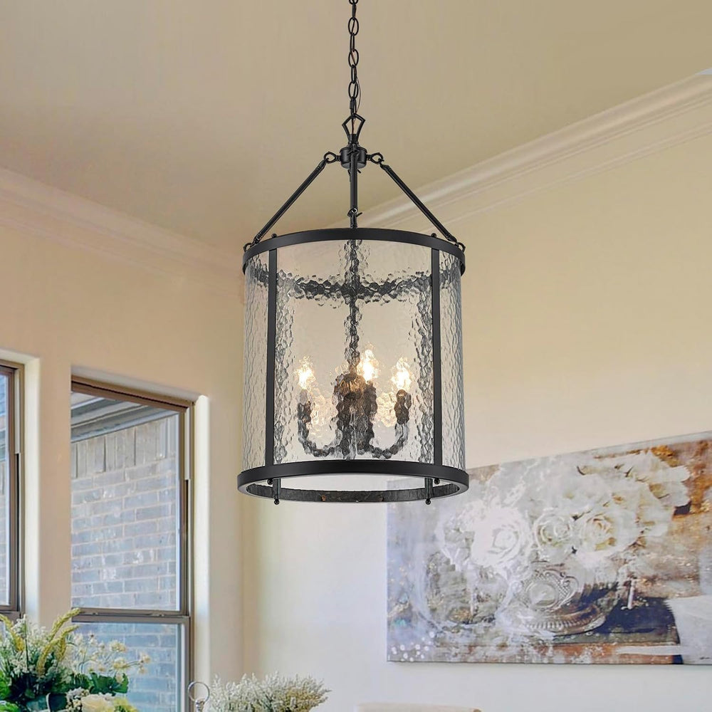 Lingkai Modern Black Chandelier, 4-Light Water Ripple Glass Light Fixture, La...