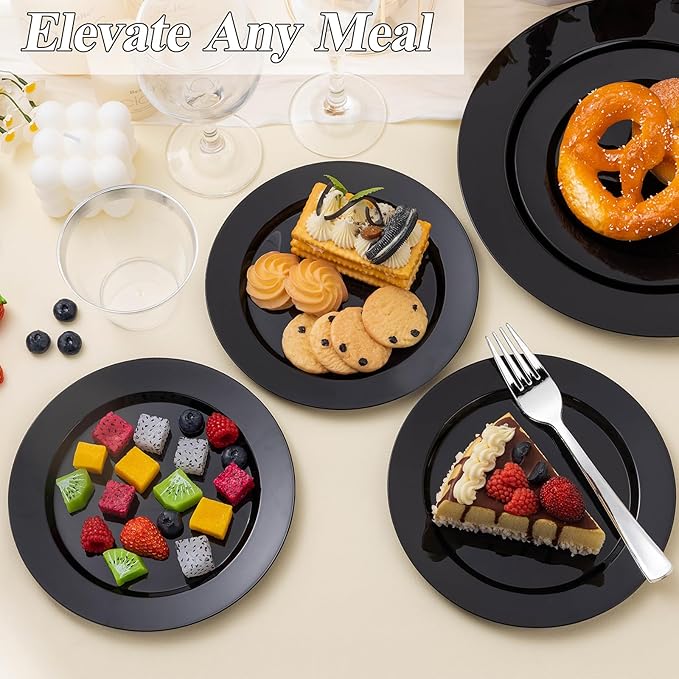 200PCS Black Plastic Plates Set, 100 10.25 inch Dinner Plates and 100 7.5 inc...