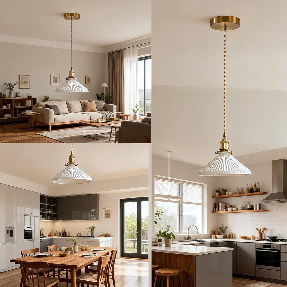 Small Ceramic Pendant Light, Farmhouse Pleated Shade with Brass Socket, Vinta...