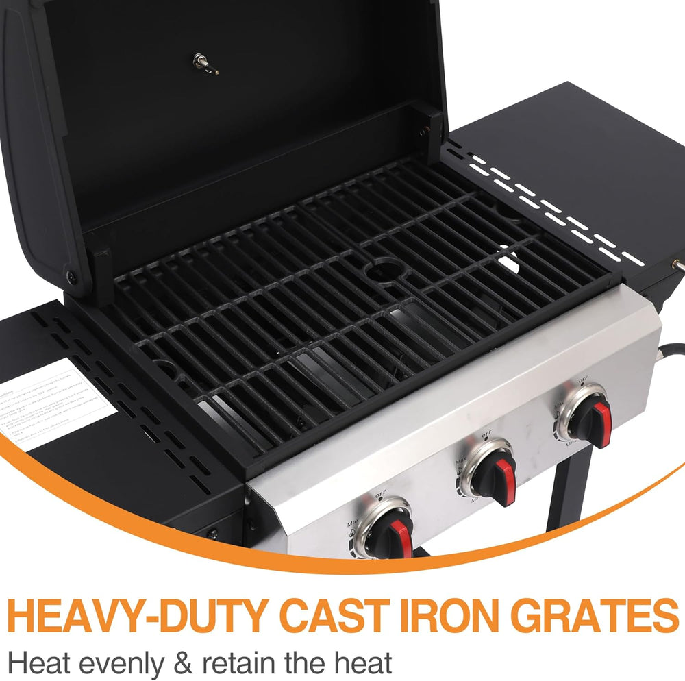 Propane Gas Grill with Folding Side Tables, 3-Burner Gas Grill with Cast Iron...
