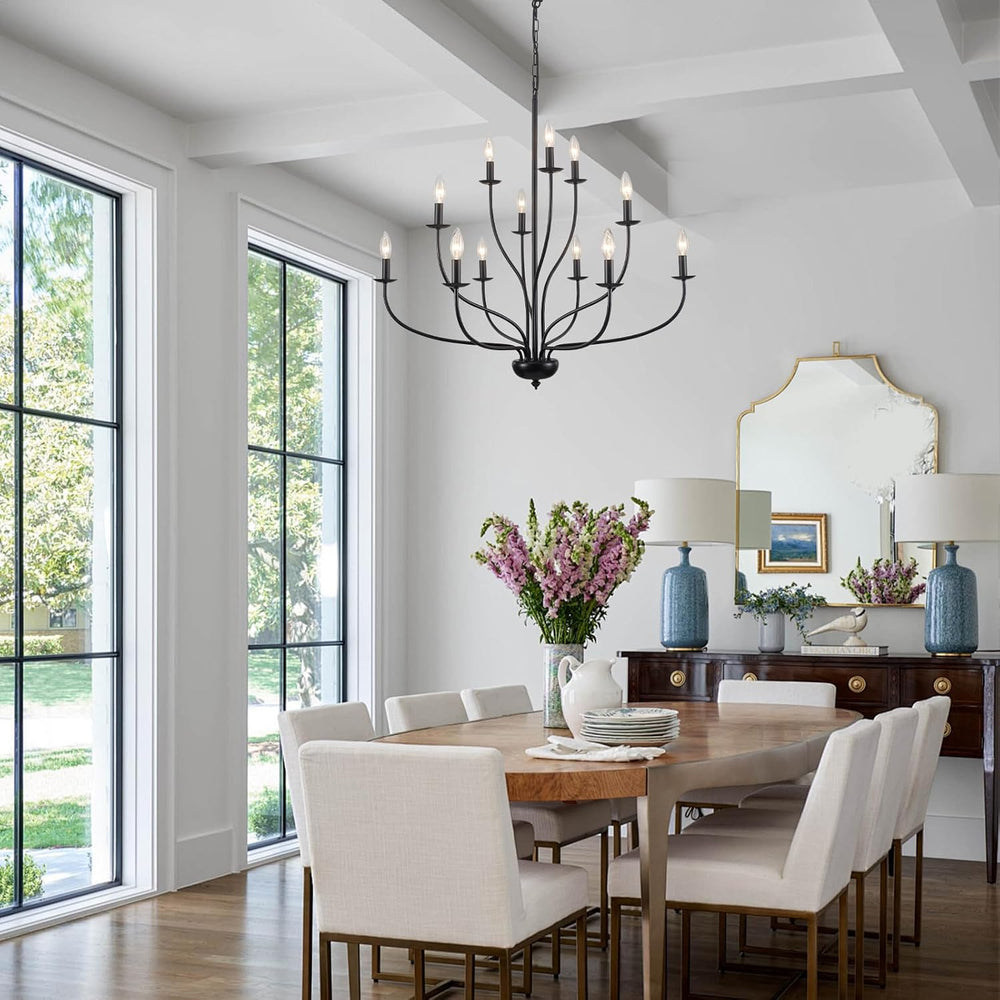 Black Chandelier 12 Light, Large Farmhouse Chandelier for Dining Room