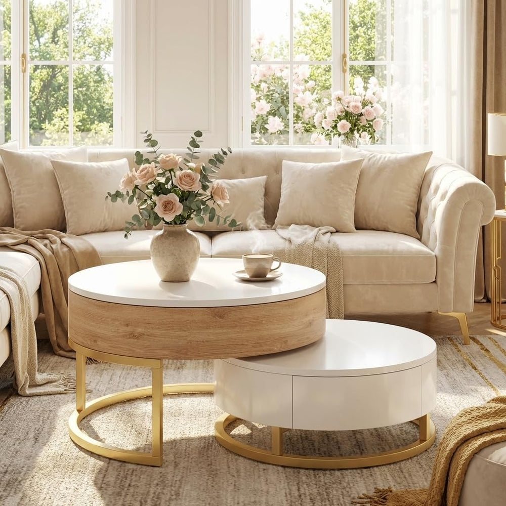 Modern Round Lift-top Nesting Coffee Tables with 2 Drawers for Living Room Wh...