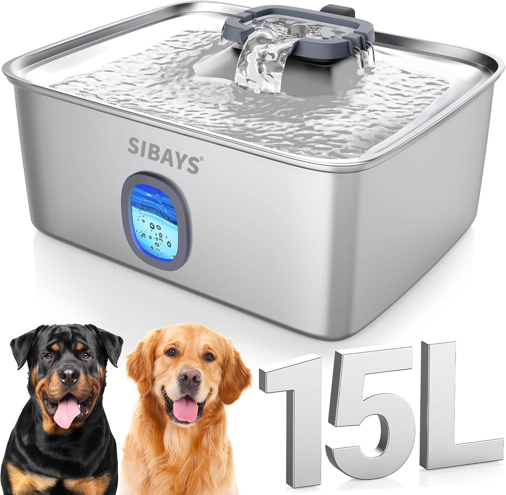 SIBAYS 4Gal/15L Large Dog Water Fountain, Stainless Steel Pet Fountain with W...