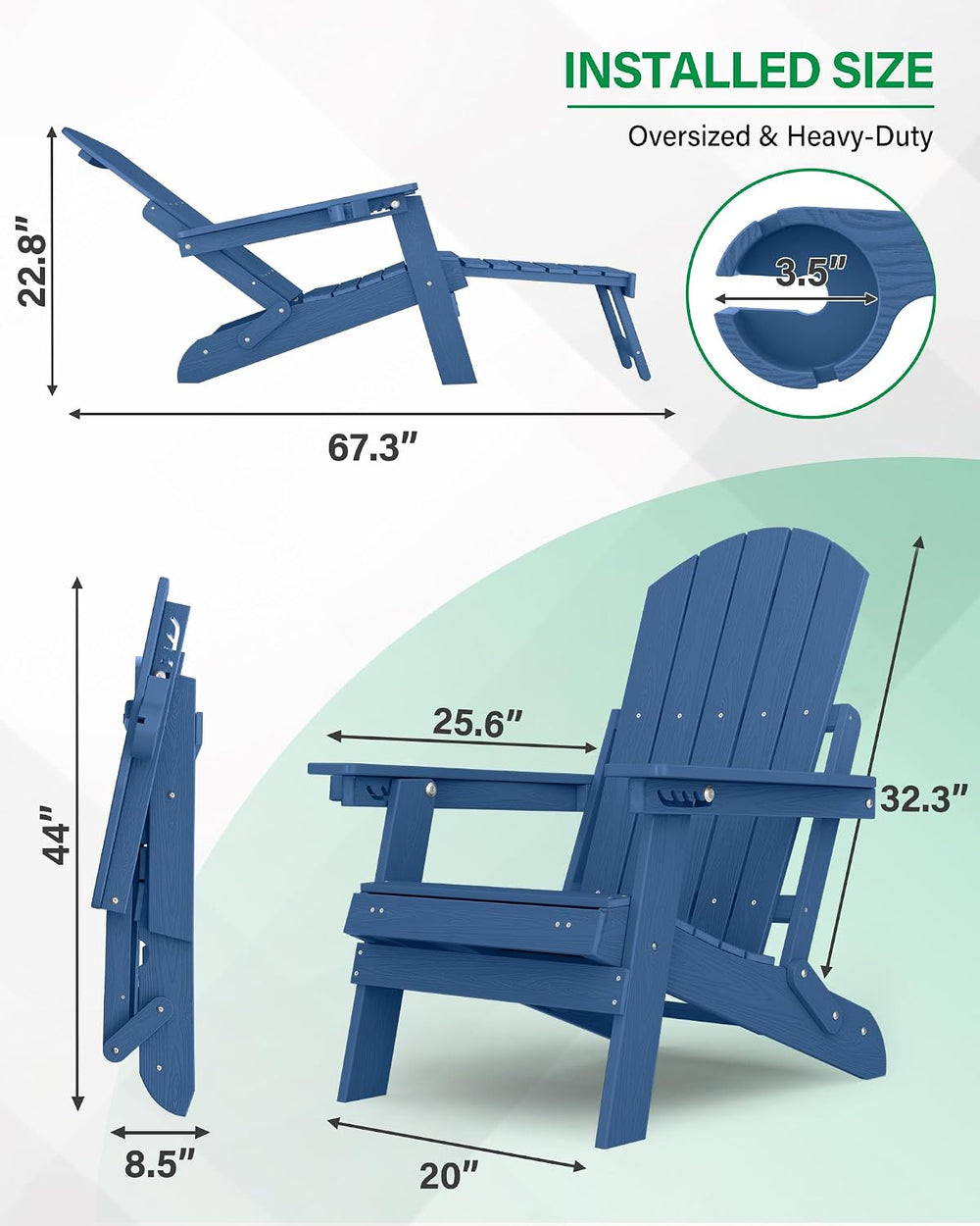 YEFU Adjustable Adirondack Chair with Footrest,All-Weather, Set of 4,Navy