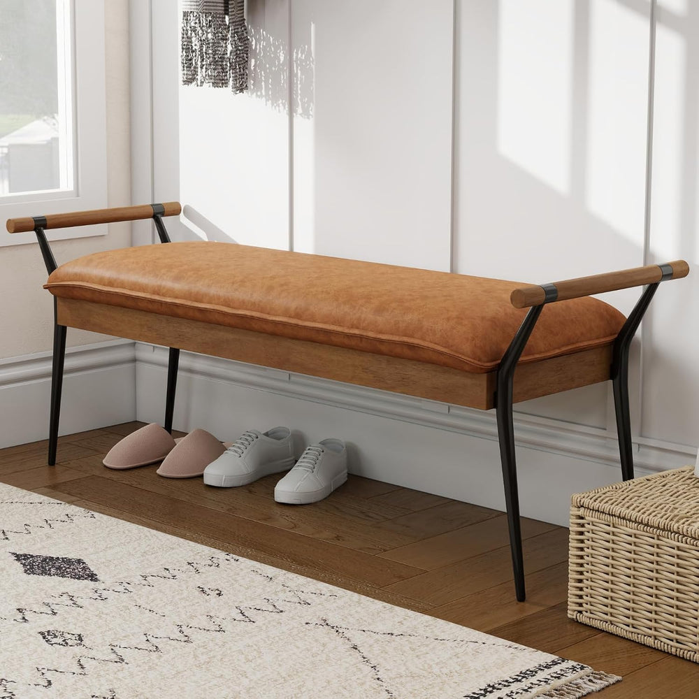 DUOMAY Modern PU Ottoman Bench with Arms & Metal Legs, Brown