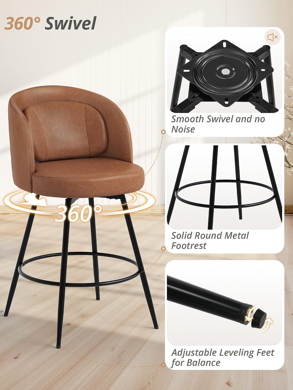 LUE BONA 26''H Swivel Bar Stools Set of 2, Counter Height Bar Stools ...