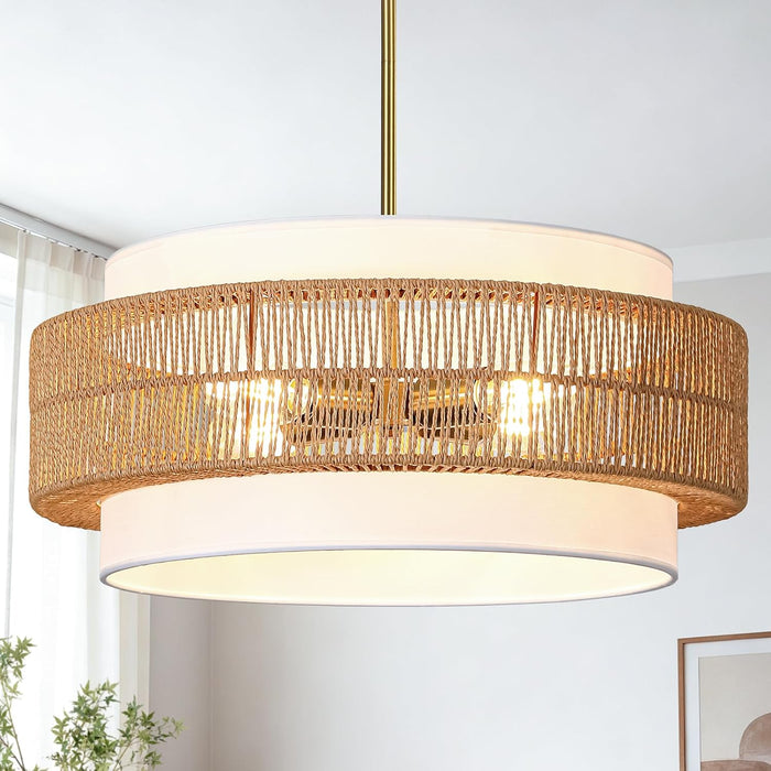 4-Light Rattan Chandelier for Dining Room, 19.7" Boho Pendant Light Fixture