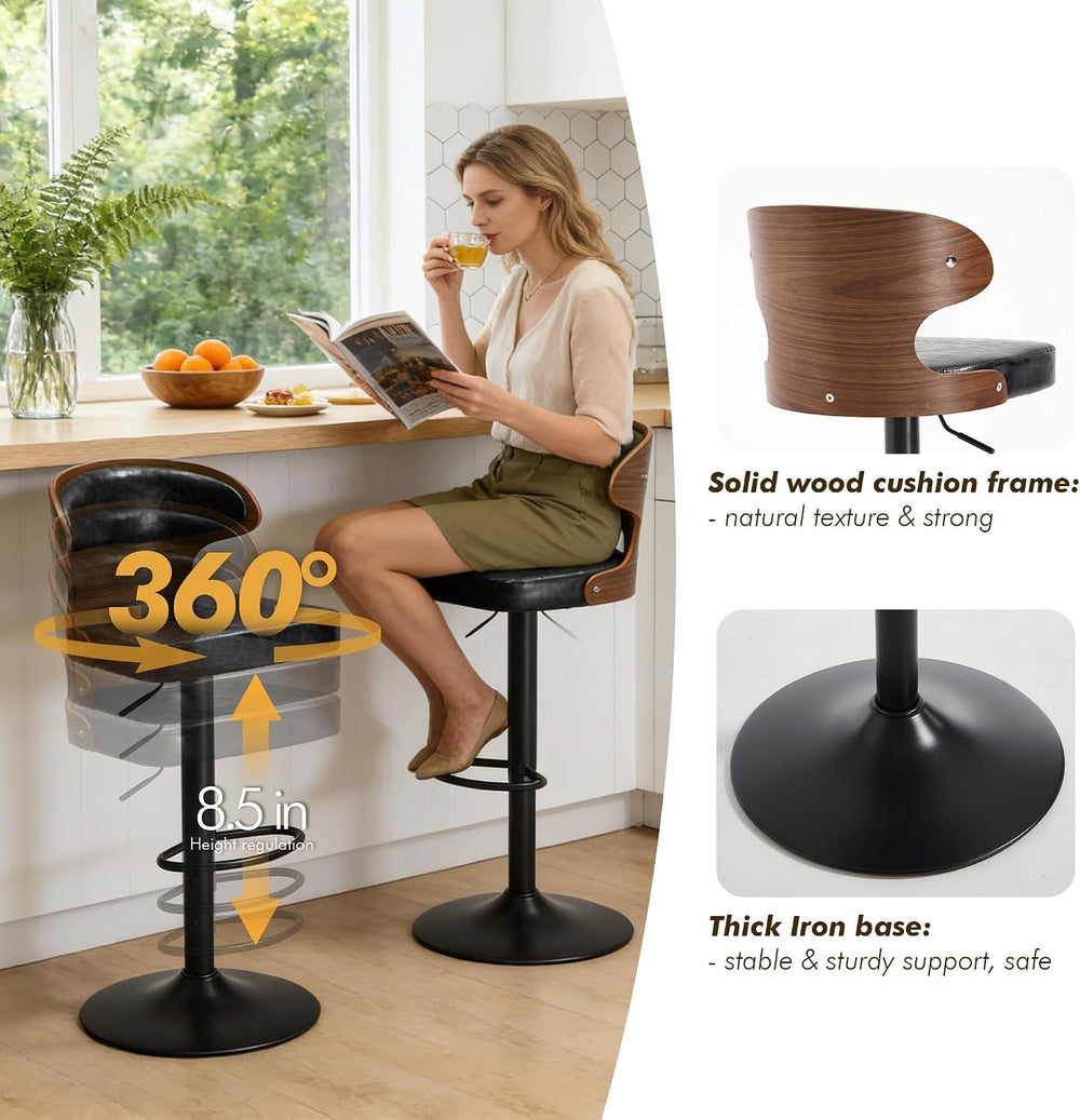 Bar Stool, 360° Swivel Barstools with Solid Wood Back and Footrest, Leather A...