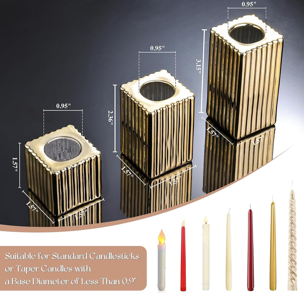 LETINE 12pcs Gold Vertical Stripe Glass Candlestick Holders - Chic Taper Cand...