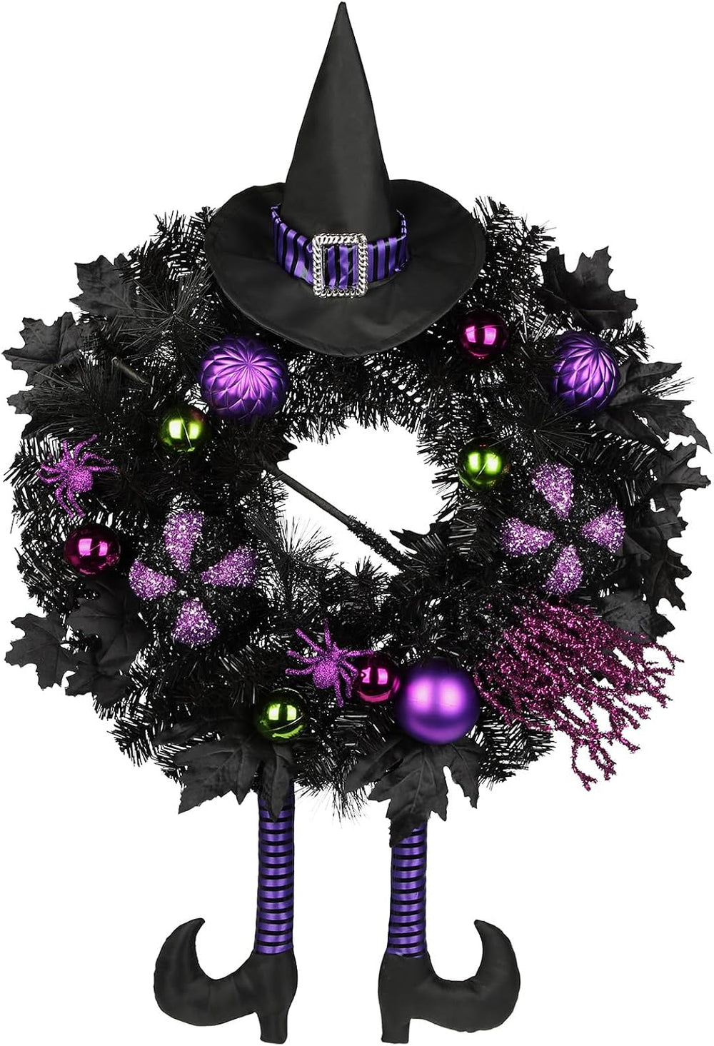 Halloween Wreath for Front Door 26" Tinsel Black Witch Wreath with Hat L...