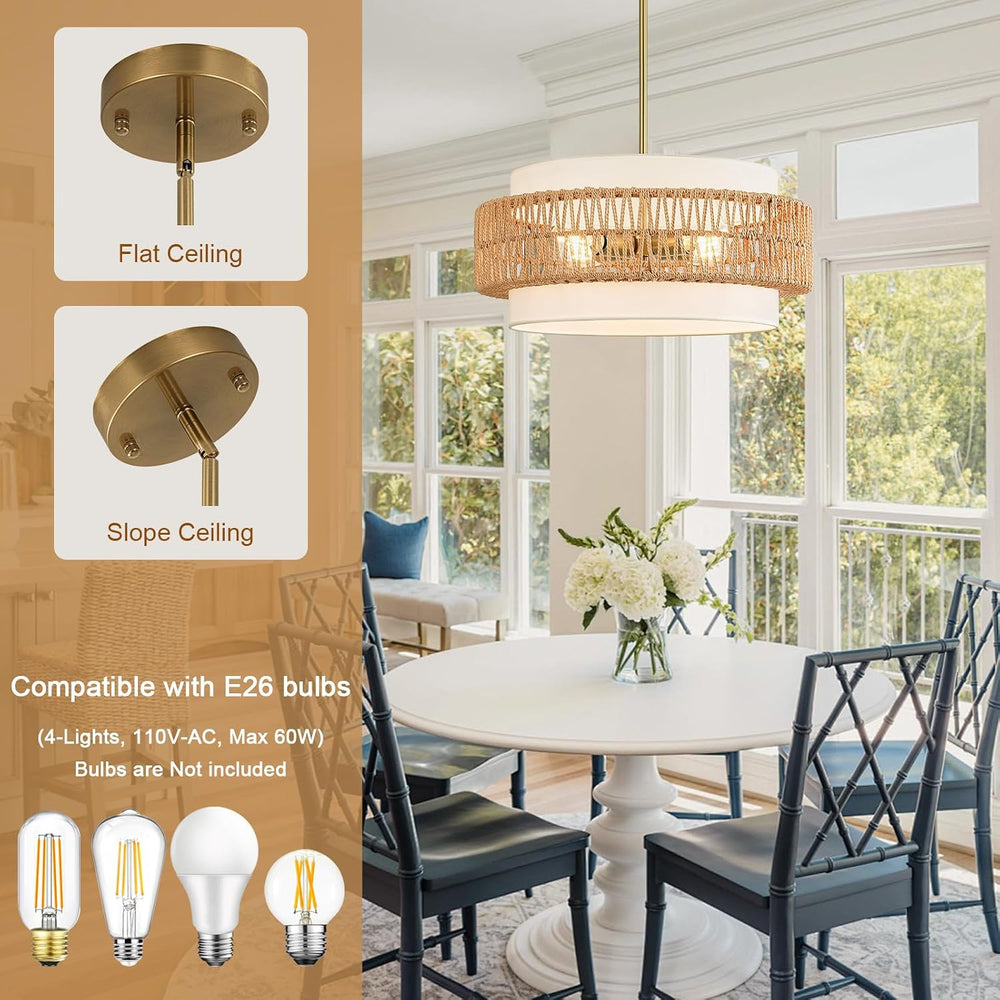 19.7" Rattan Chandelier for Dining Room, 4-Light Boho Pendant Hanging Light