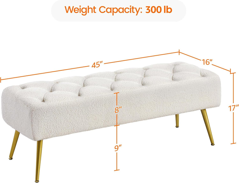 Yaheetech 45in Upholstered Boucle Ottoman Bench Seat with Gold Legs, Ivory