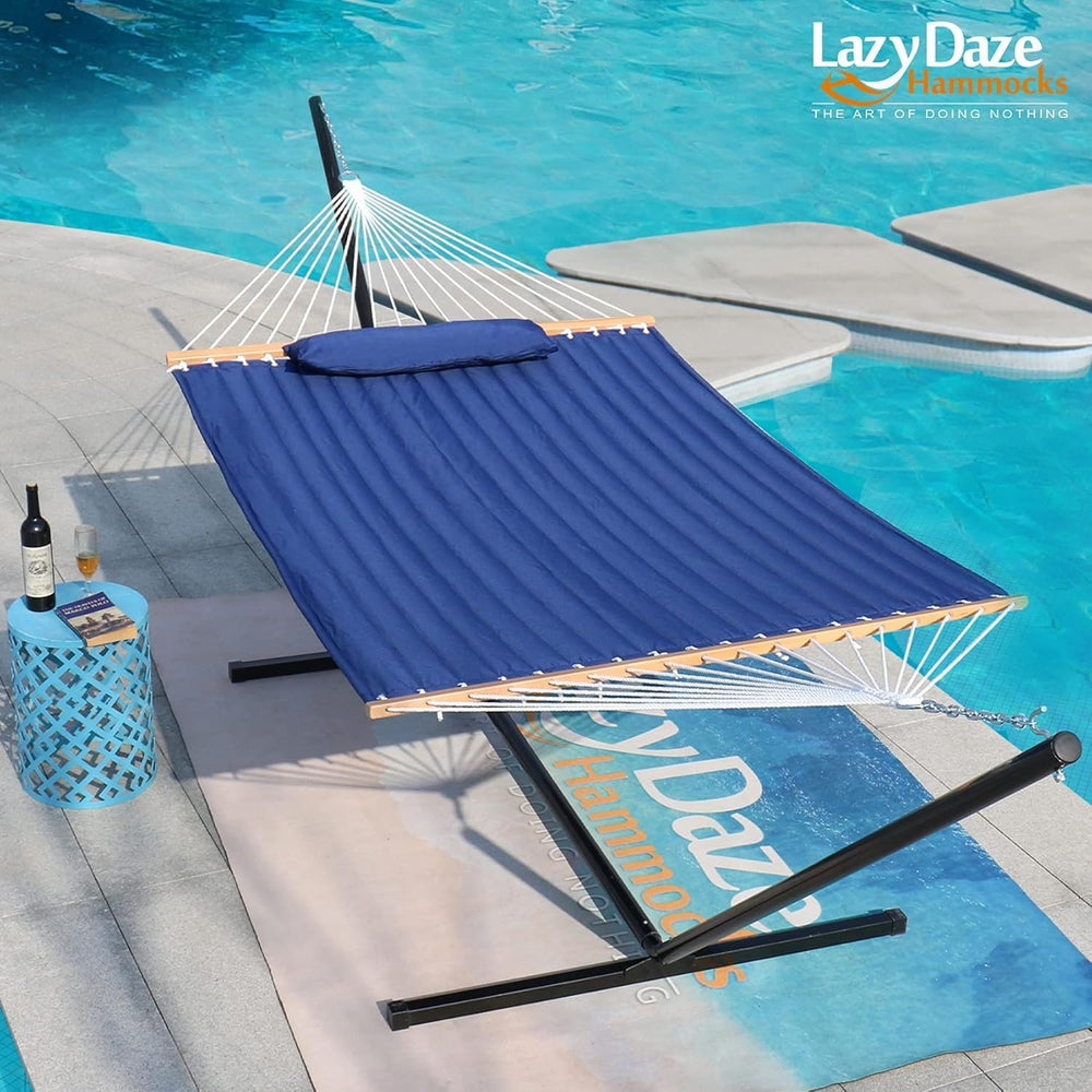 Lazy Daze 12 FT Double Hammock with Spreader Bar for Outside, Navy Blue