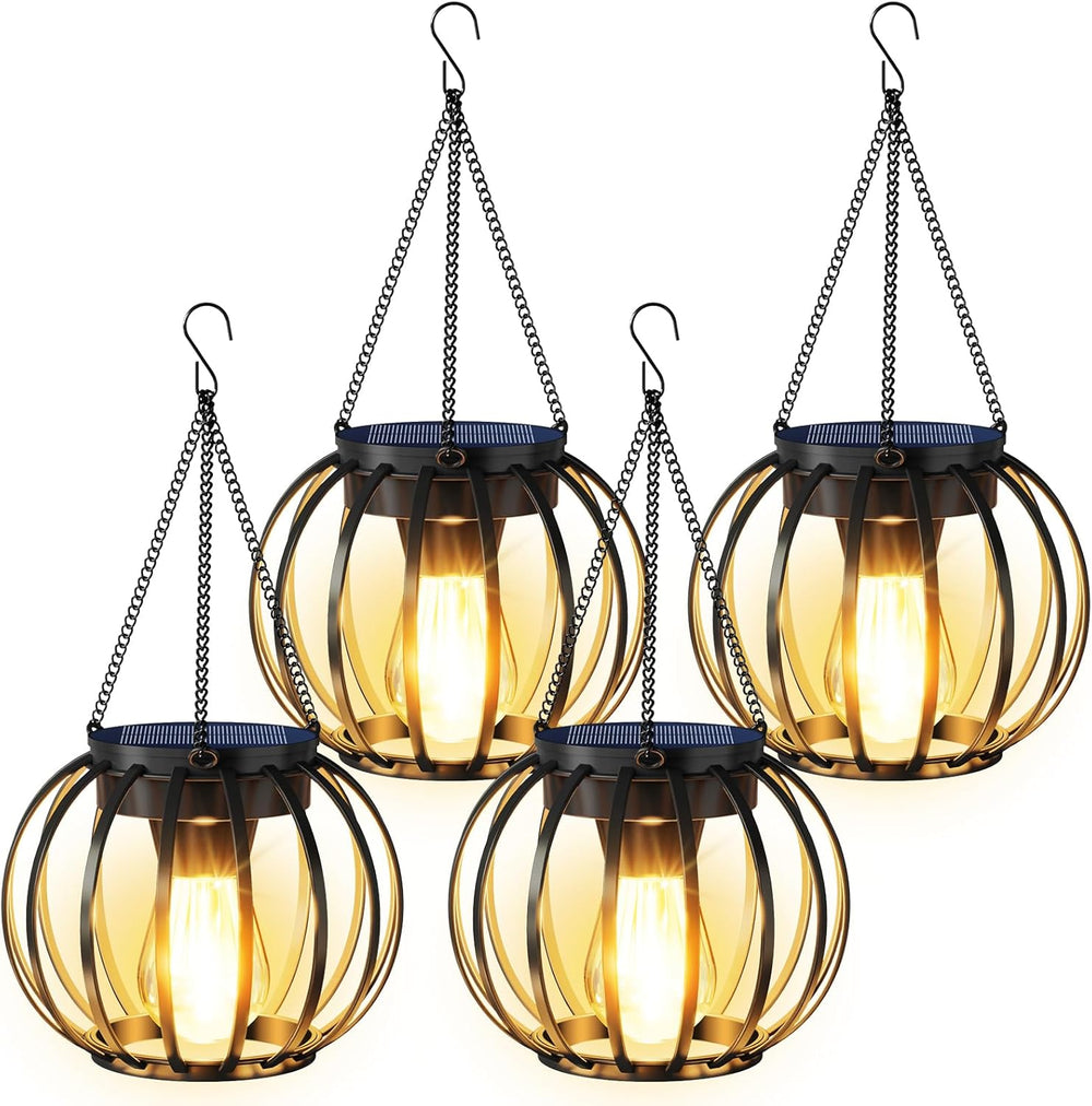 Solar Lanterns Outdoor Waterproof Metal Solar Hanging Lantern, 4Pack