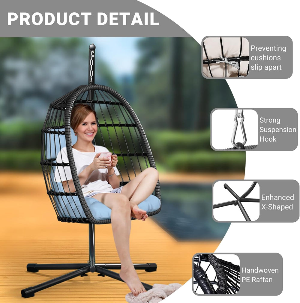 CHABATREE Egg Chair with Stand,Patio Rattan Wicker Hanging Swing Egg Chair Ha...