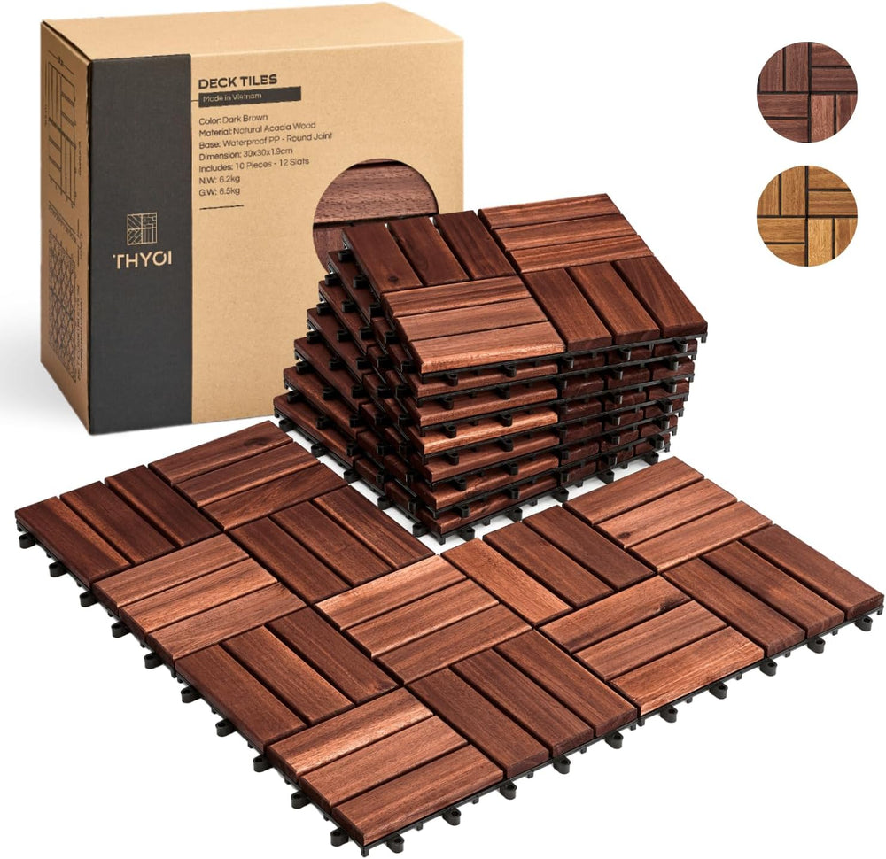 THYOI Premium Deck Tiles, 10 Pcs Patio Flooring - Brown - Round Joint