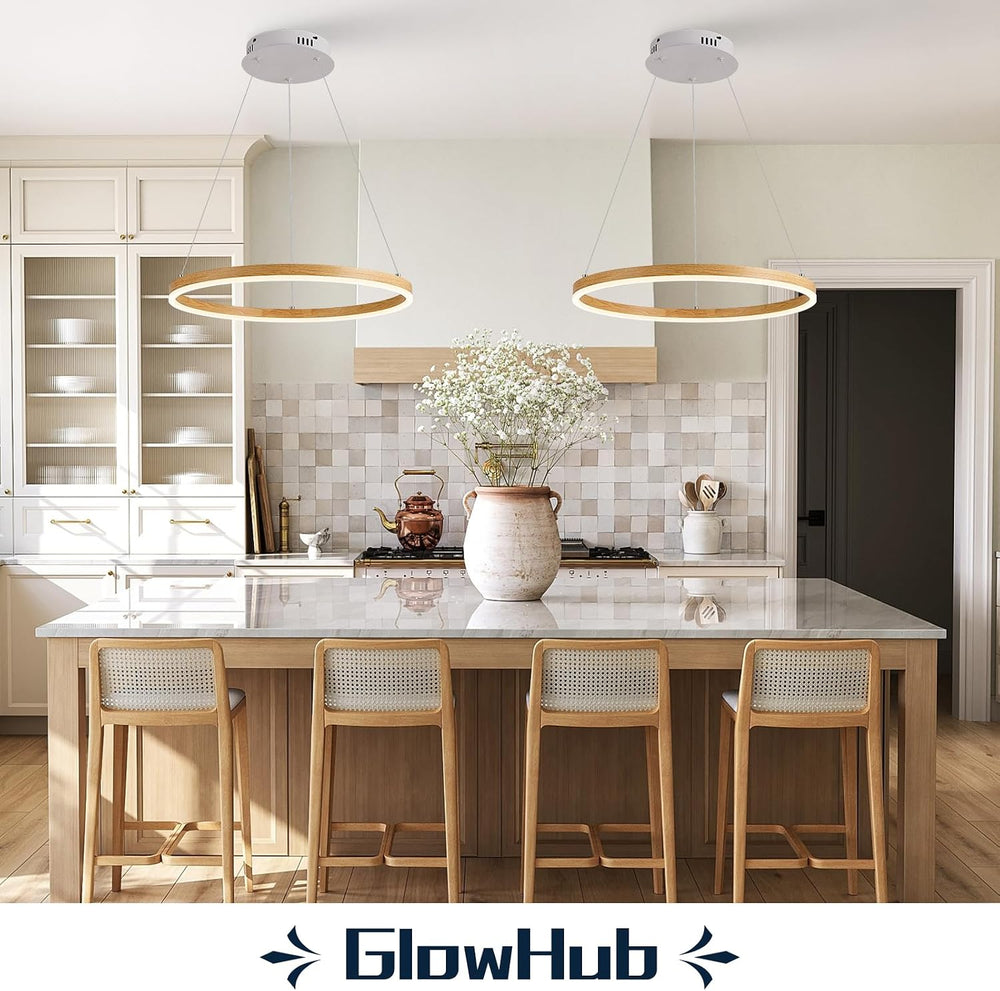 Ring Chandelier LED Wood Grain Round Chandeliers Modern Farmhouse Pendant Lig...