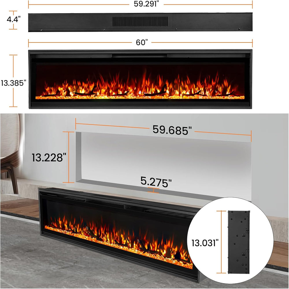 TUAN 60 Inch Electric Fireplace,Ultra-Thin Electric Fireplace Inserts,Recesse...