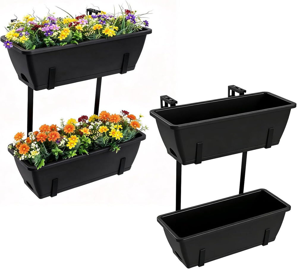 4 Pcs Hanging Flower Pots, 16.9 Inches Railing Planter Box, Black