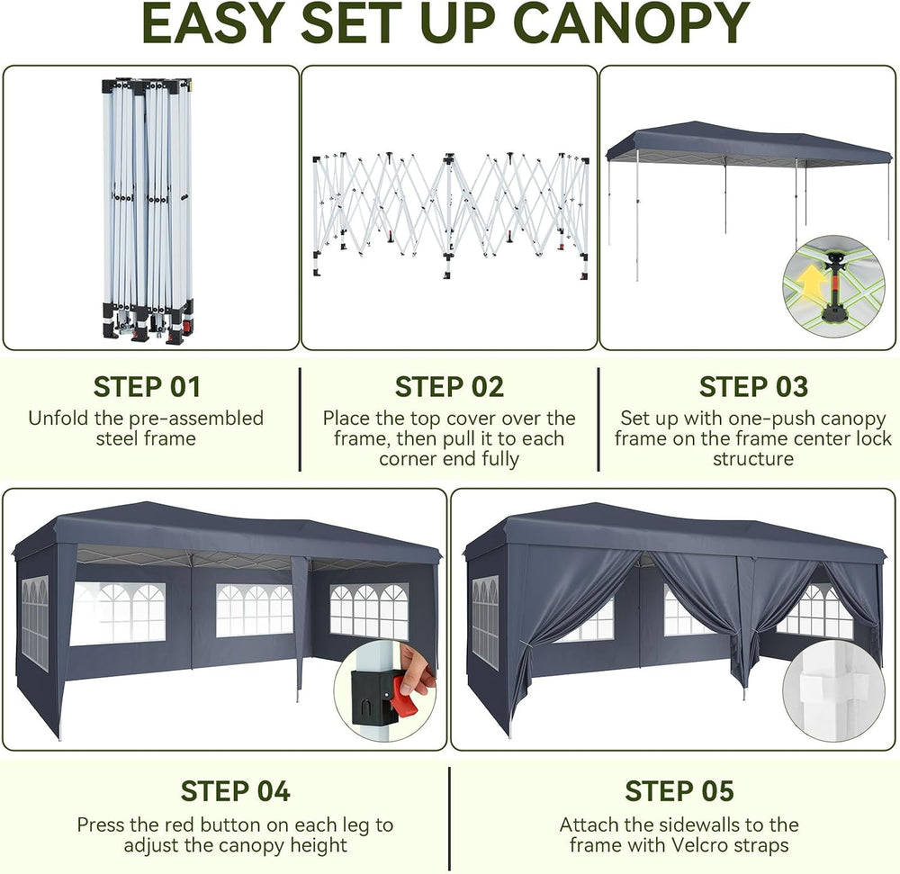 Aoxun 10x20 Pop Up Canopy Tent with 6 Sidewalls, Party Tent, Navy Blue
