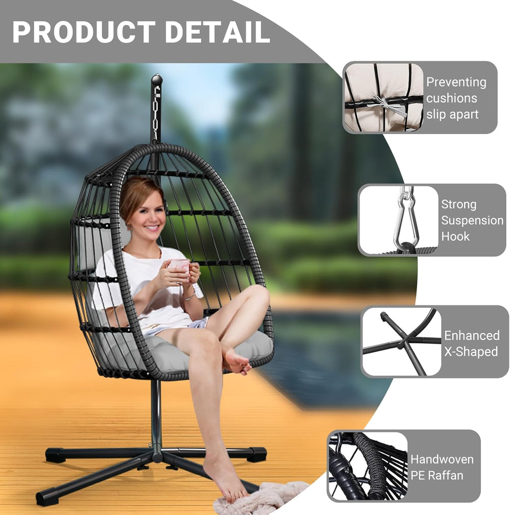 CHABATREE Egg Chair with Stand,Patio Rattan Wicker Hanging Swing Egg Chair Ha...