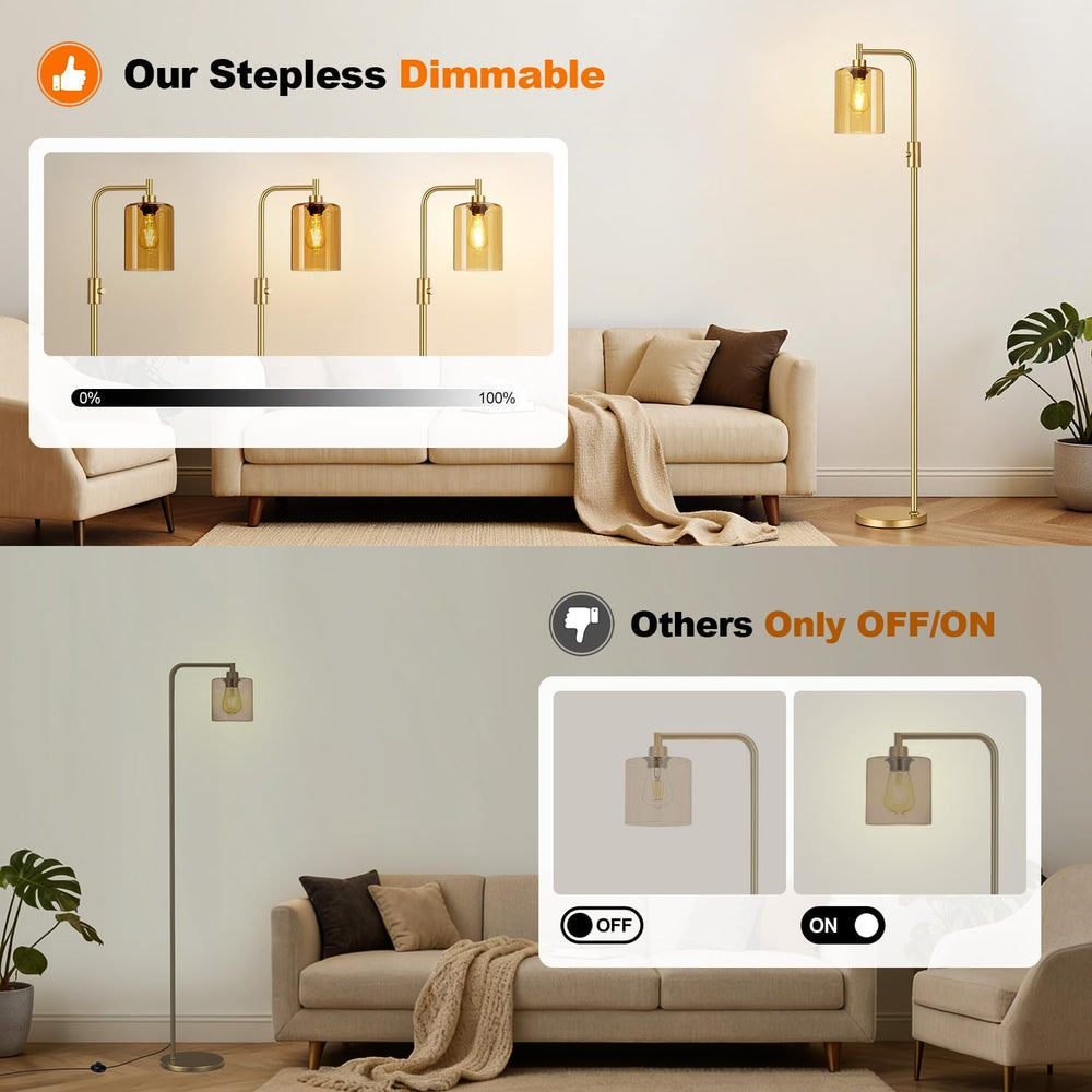 【Upgraded】 Dimmable Floor Lamp for Living Room with Amber Glass Lampshade, Go...