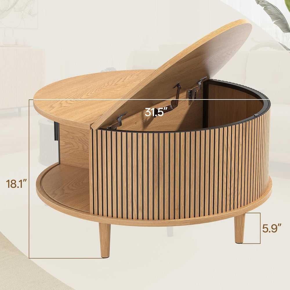 Round Coffee Table with Storage, Mid Century Modern Coffee Table, Fluted Dini...